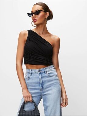 Vici Black One-Shoulder Ruched Crop Top